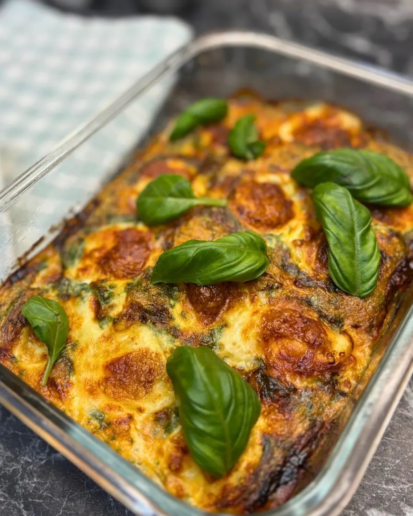 Golden baked chicken quiche with melted mozzarella balls, fluffy egg layer, and tender chicken pieces.