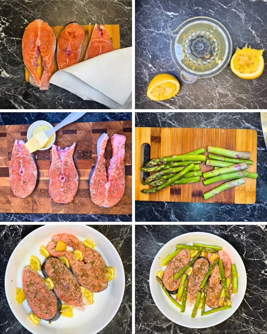Step-by-step collage showing trout steaks, lemon juice, seasoning with herbs, fresh asparagus, and arranging fish in a baking dish before oven baking