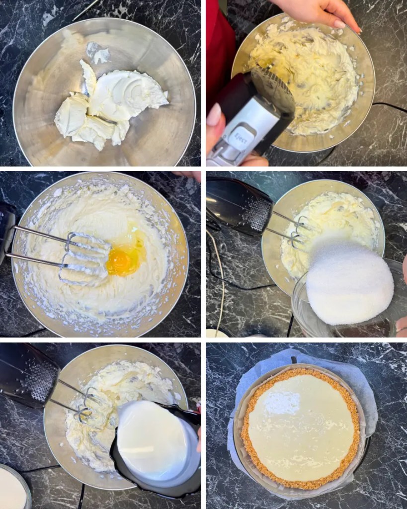 Step-by-step process of making strawberry cheesecake filling by mixing cream cheese, sugar, eggs, and sour cream, then pouring batter into biscuit crust