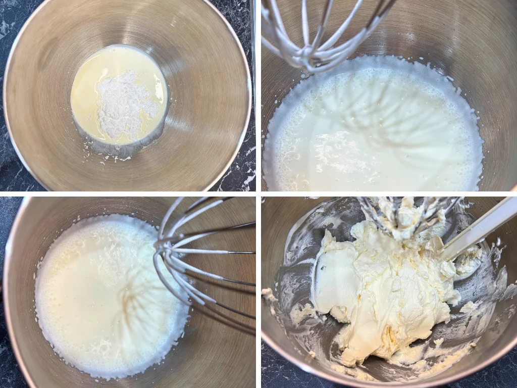 Step-by-step collage showing mascarpone cream being mixed and whipped for mini pavlovas.