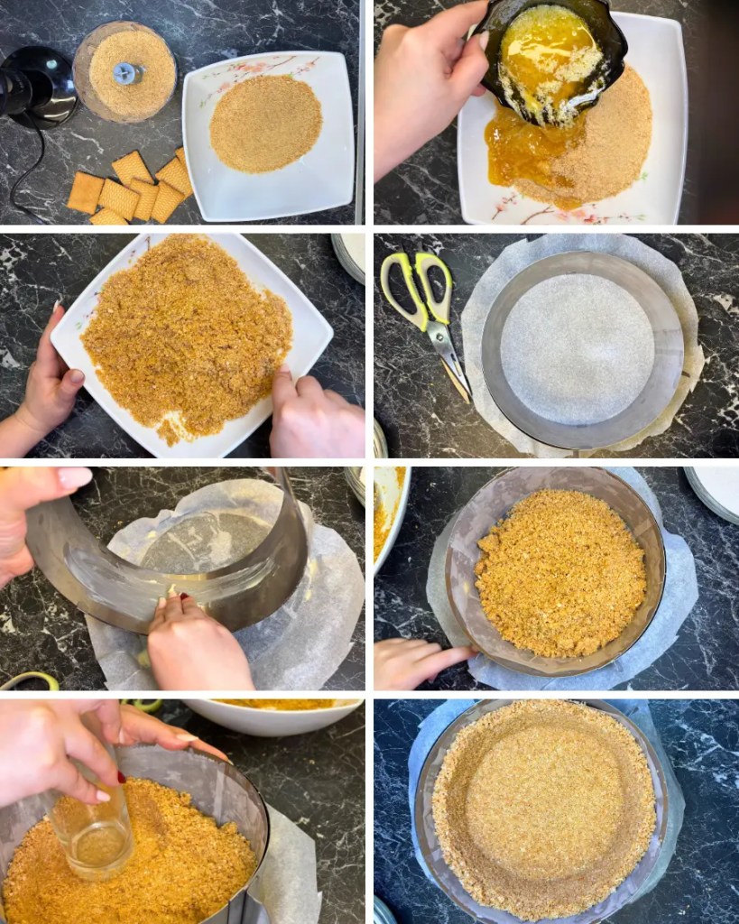 Step-by-step process of making cheesecake biscuit base by crushing biscuits, mixing with melted butter, lining a springform pan, and pressing crumbs into the base and sides