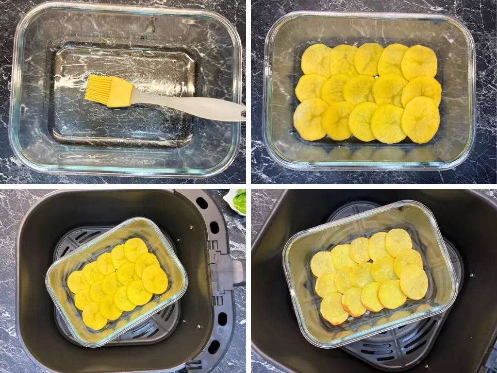 Collage of four images showing a baking dish brushed with oil, sliced potatoes layered inside the dish, and the potato base placed in the air fryer basket before cooking.
