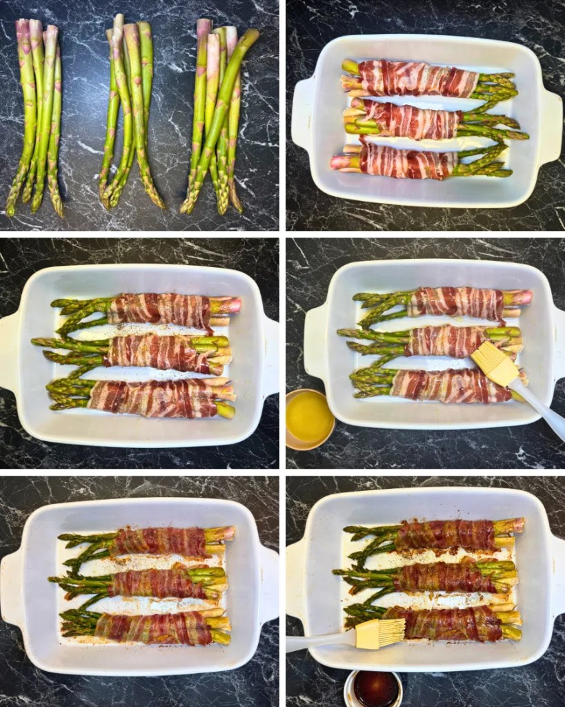 Step by step process of making oven baked bacon wrapped asparagus, showing asparagus bundles wrapped in bacon, brushed with butter, seasoned, and baked until crispy.
