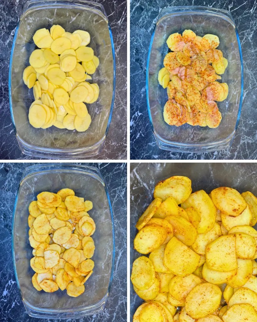 Sliced potatoes seasoned with spices in a baking dish for easy oven baked lemon garlic chicken wings with potatoes