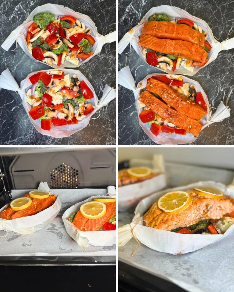 salmon and vegetables arranged in parchment paper packets before baking