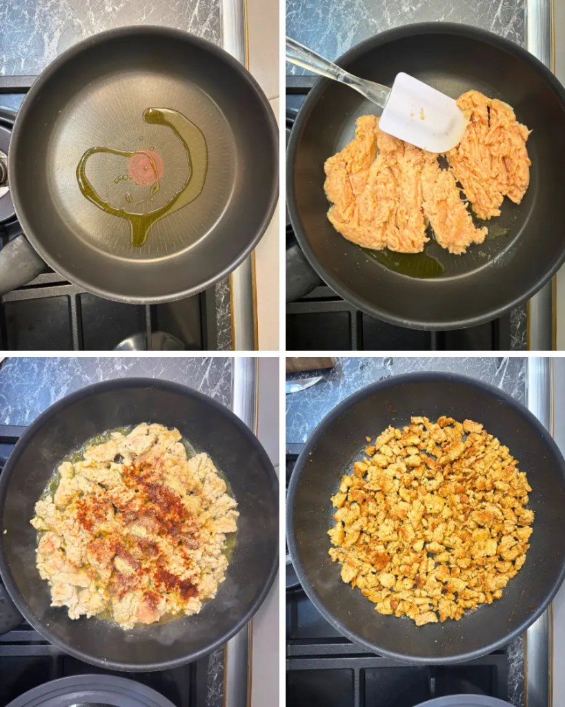 collage showing ground chicken cooking in a pan for crispy baked chicken tacos step by step