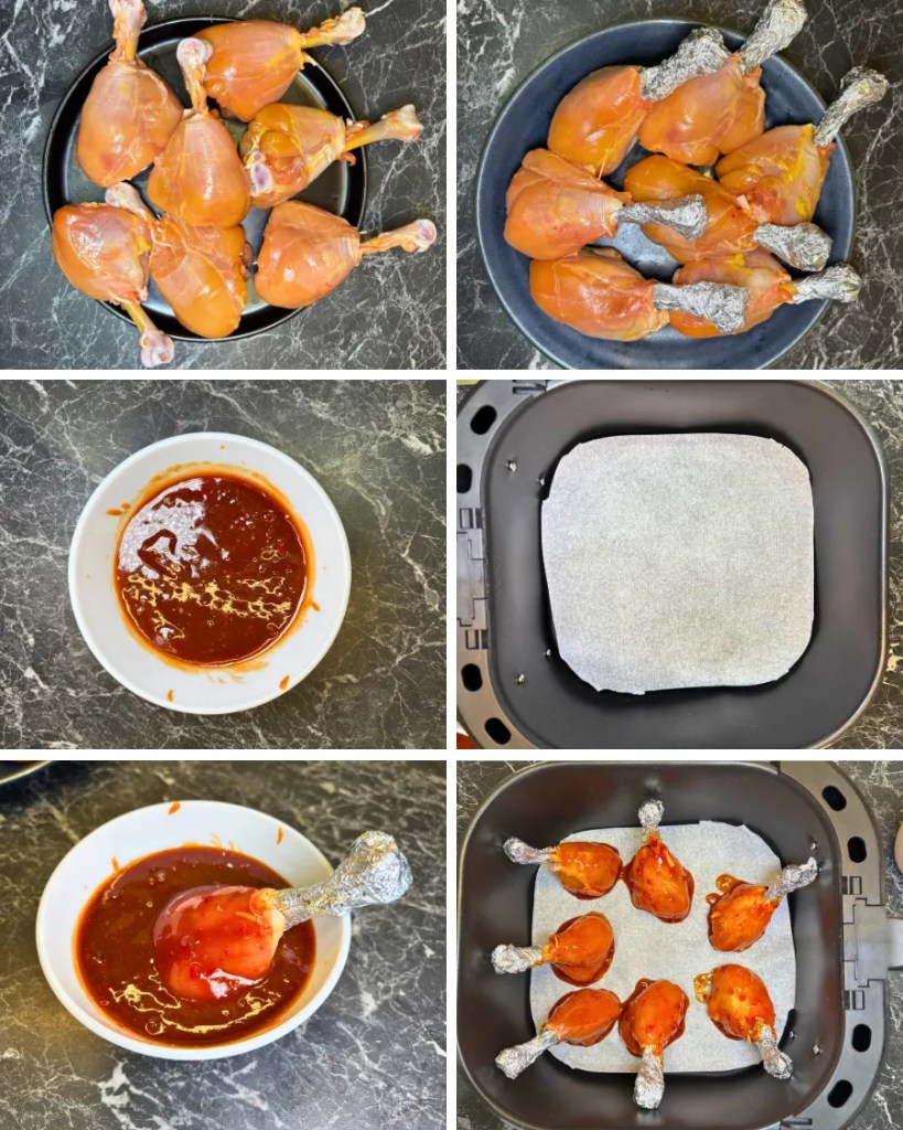 Step-by-step sticky air fryer chicken drumsticks process with BBQ teriyaki glaze
