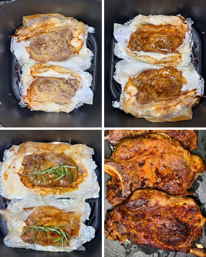 Step by step cooking process of pork steaks in air fryer from wrapped to glazed and golden brown finish