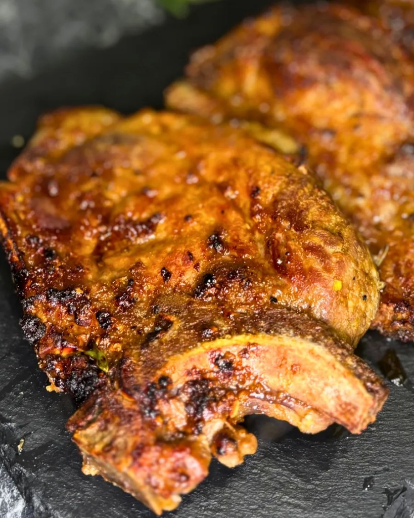 Close-up of tender air fryer pork steak with caramelized honey soy glaze