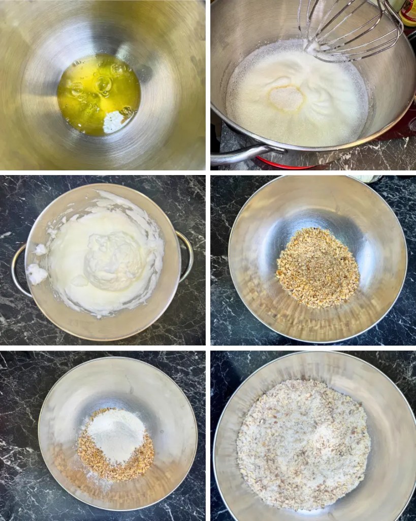 Step by step process of whipping egg whites and preparing hazelnut mixture for Kyiv cake layers