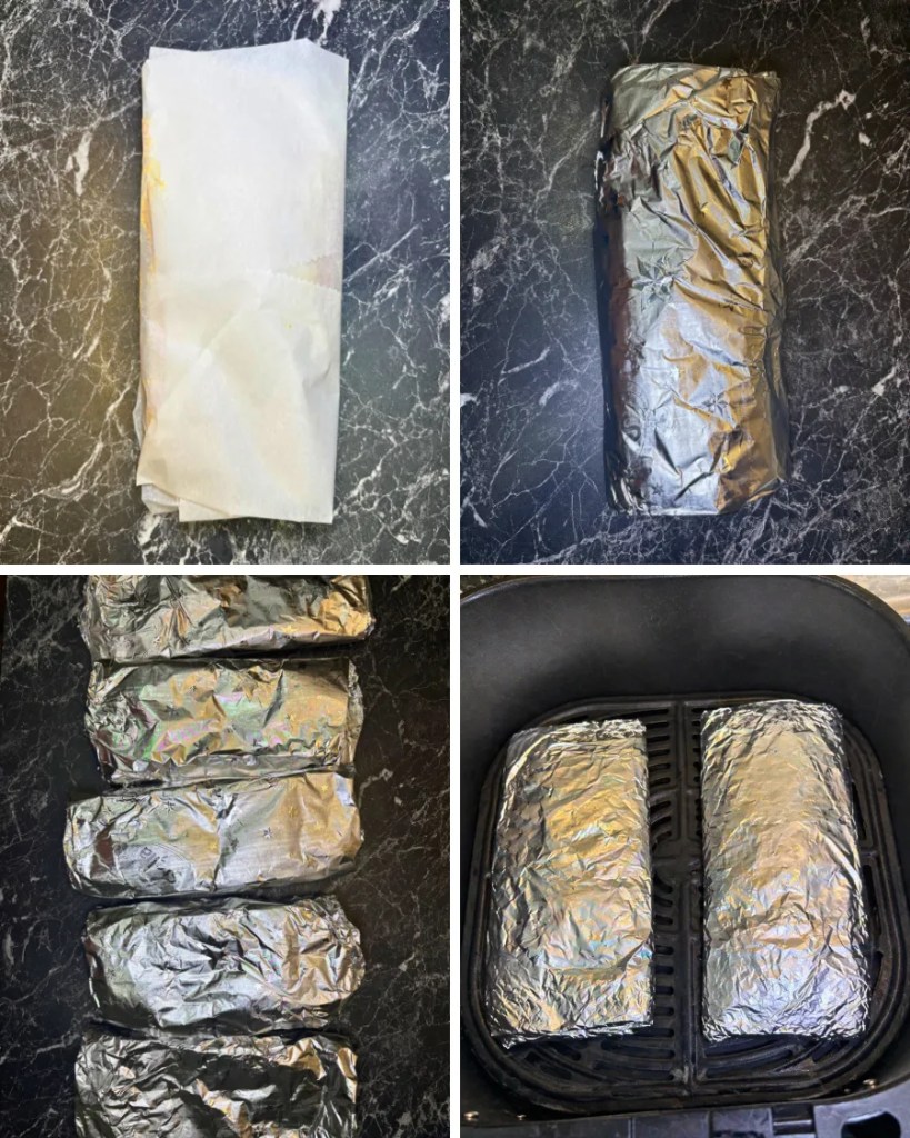 Step by step wrapping pork steaks in parchment paper and foil before placing in air fryer basket