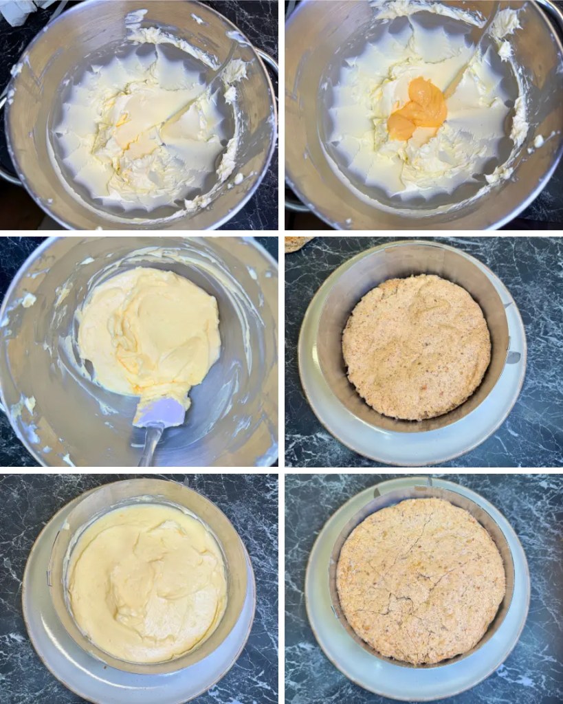 Mixing meringue batter, filling cake pans, and baking hazelnut layers for Kyiv cake