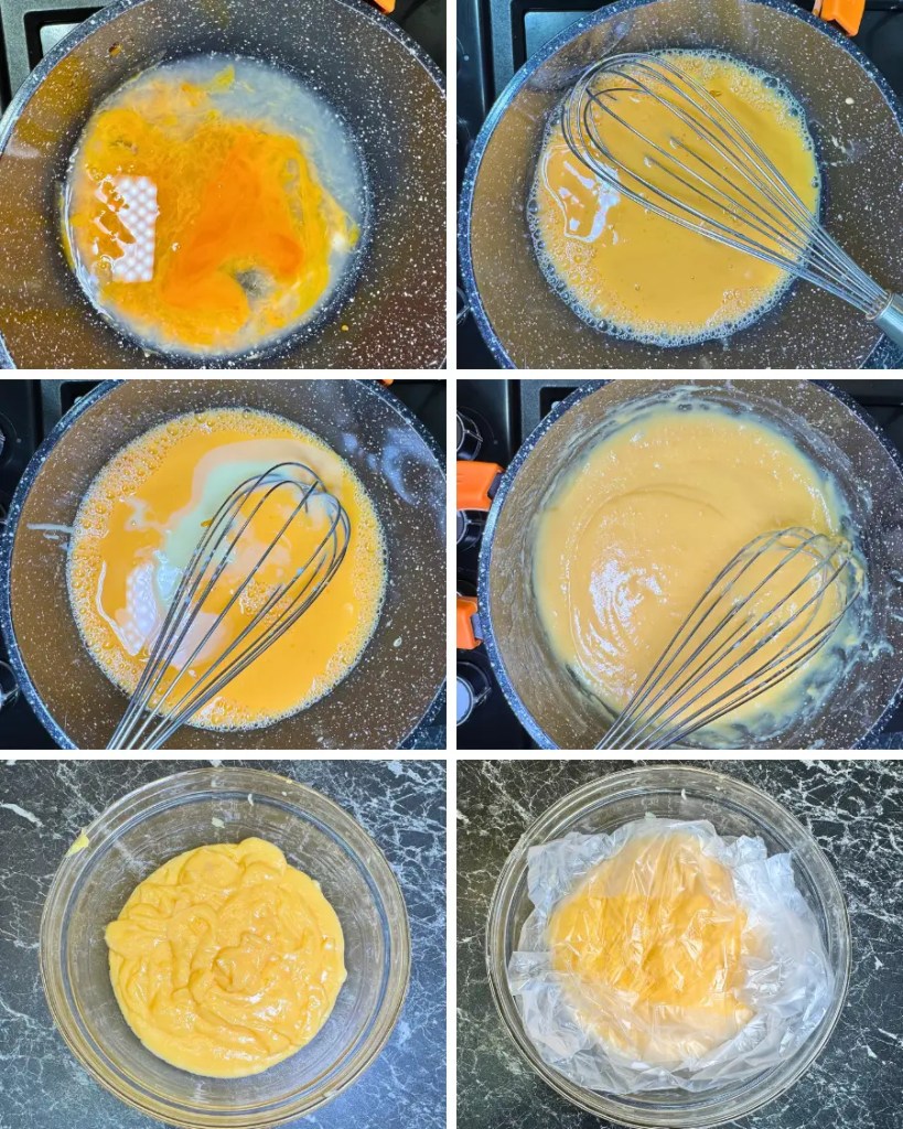 Step by step process of cooking custard cream with egg yolks and condensed milk for Kyiv cake filling