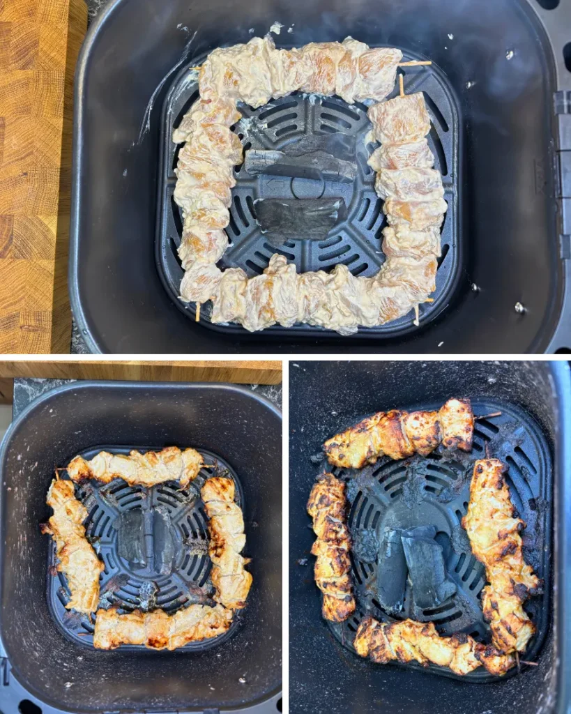 Step-by-step air fryer cooking process for smoky chicken skewers with charcoal smoke flavor and golden grilled edges