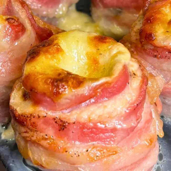 Close up of baked chicken bacon mozzarella roll ups with melted cheese and crispy bacon.