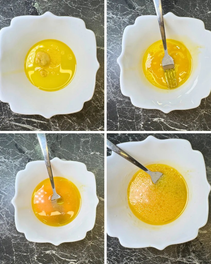 Step-by-step process of making citrus dressing with olive oil, mustard, honey, and lemon juice in a bowl