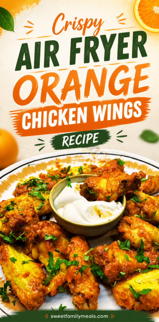 Pinterest pin design featuring crispy air fryer orange chicken wings served with dipping sauce, topped with fresh herbs and styled with bold orange and green recipe text.