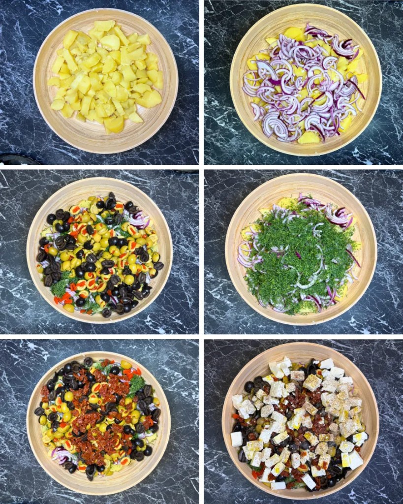 Collage showing the preparation of Mediterranean potato feta salad with chopped ingredients and mixing steps.