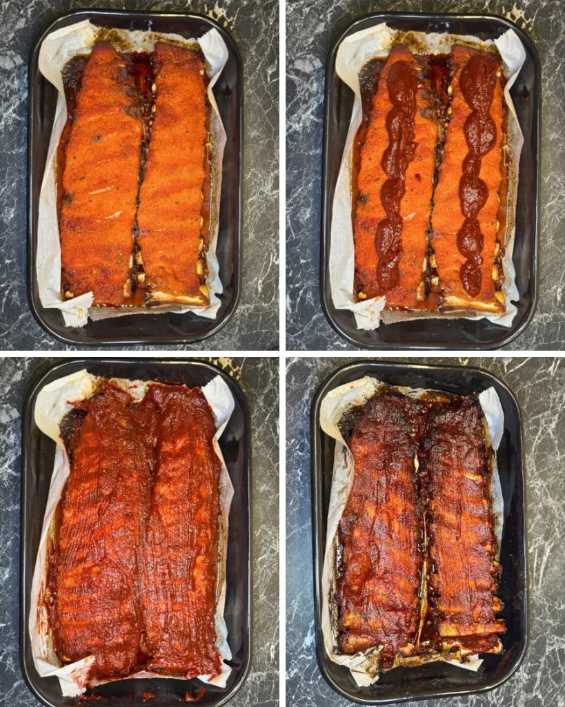Step-by-step collage showing baked pork ribs being covered with honey soy glaze and caramelized in the oven until sticky and glossy.