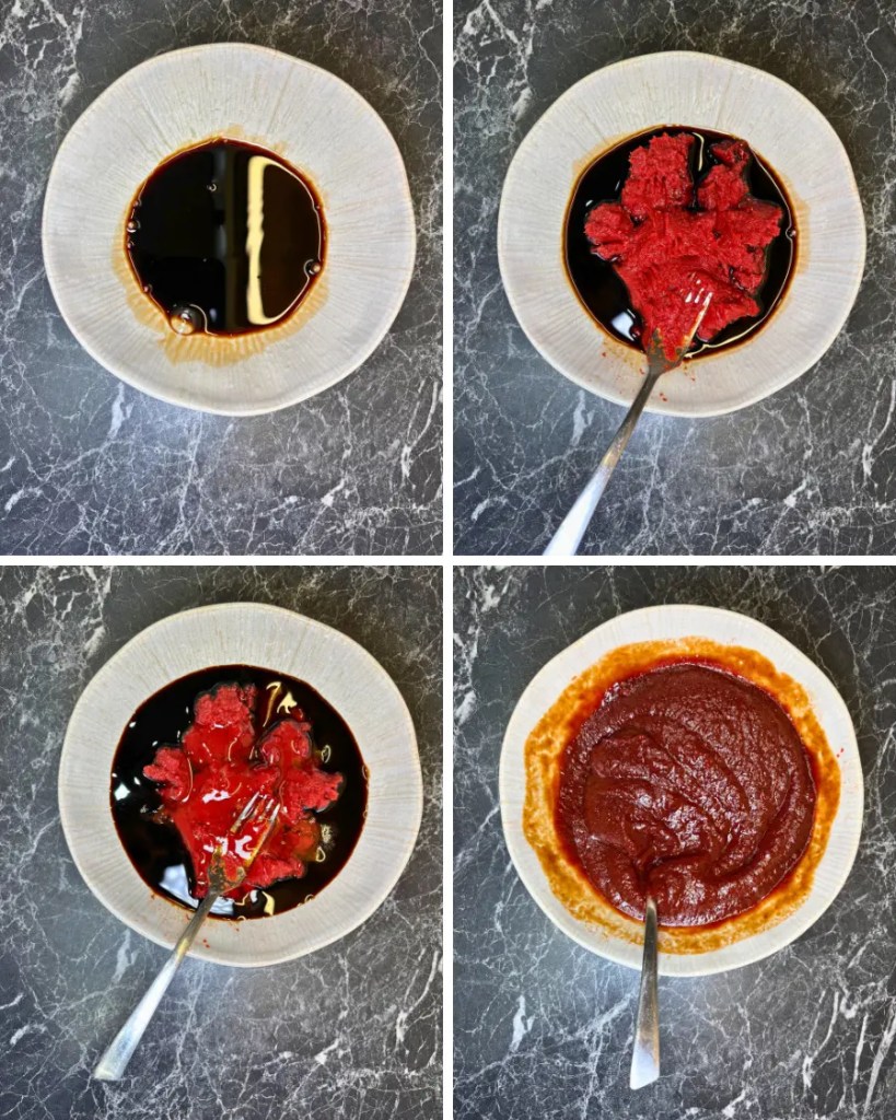 Step-by-step collage showing soy sauce, tomato paste, and honey being mixed together to make a sticky glaze for pork ribs.