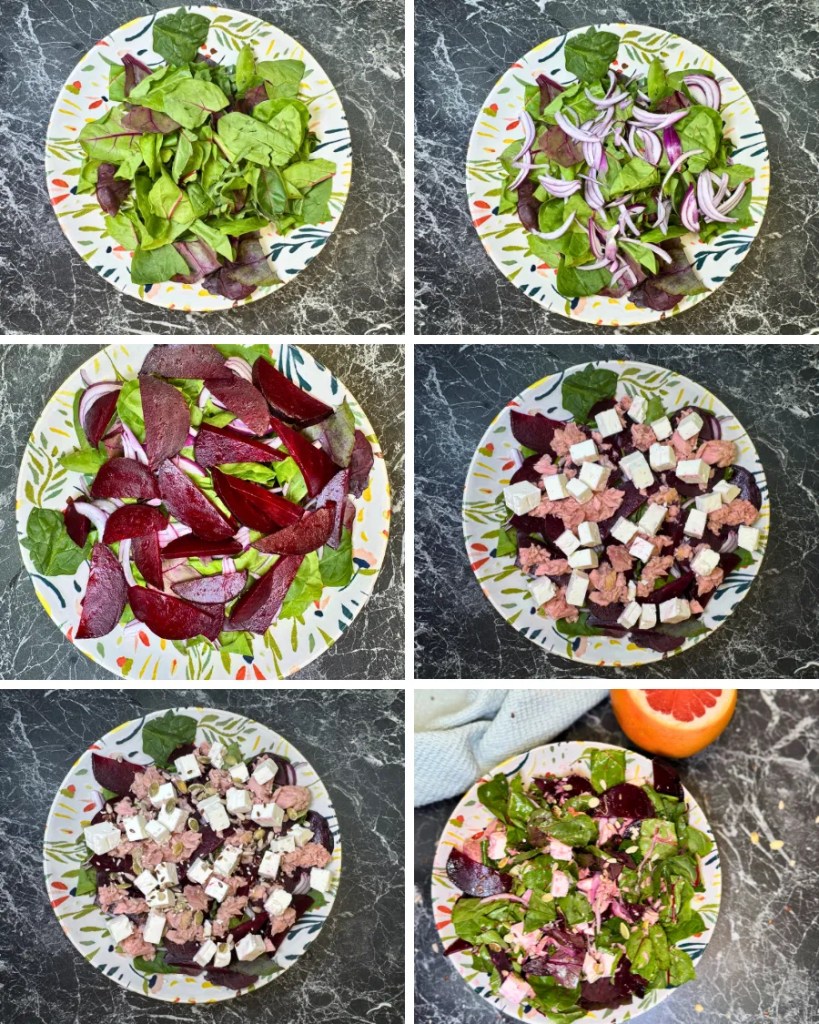 Step-by-step assembly of beetroot tuna salad with greens, red onion, beet slices, tuna, and feta cheese