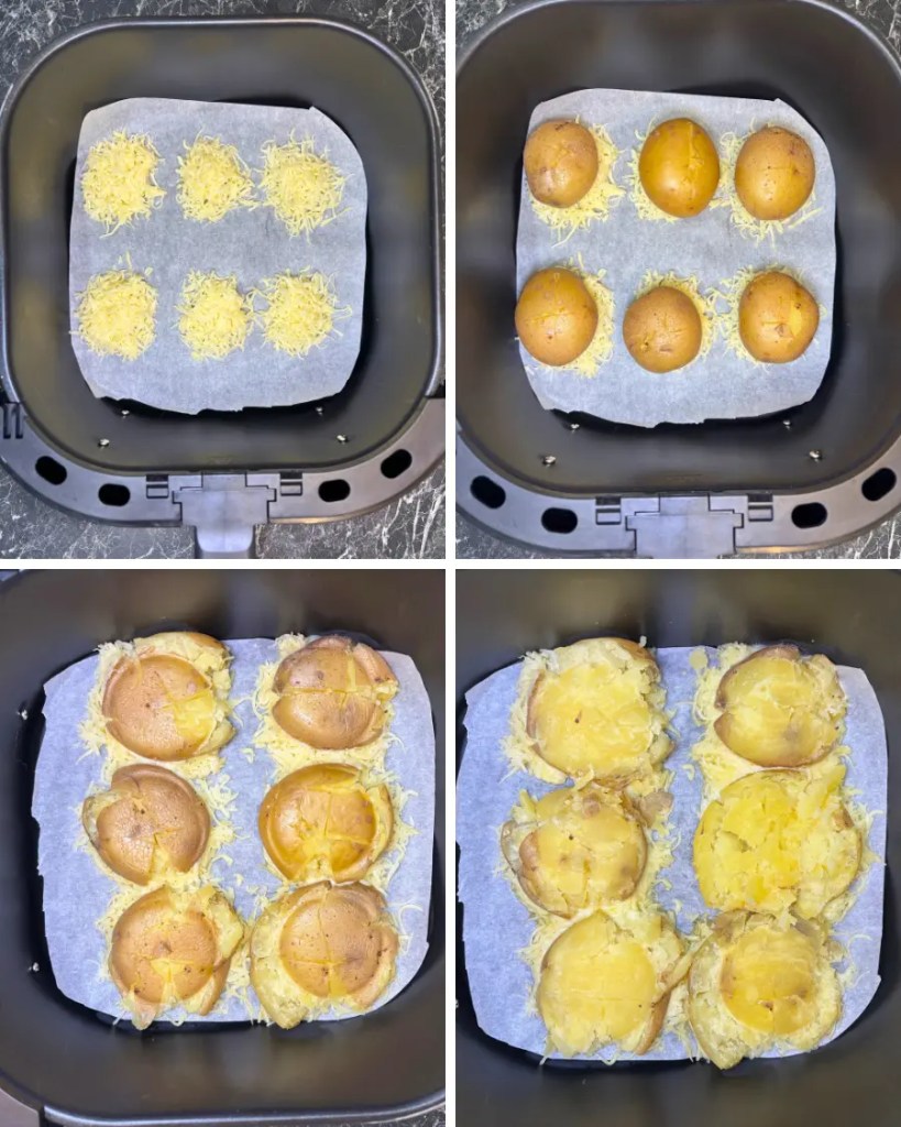 Step-by-step collage showing cheese base, boiled potatoes, smashed potatoes, and air fryer preparation process