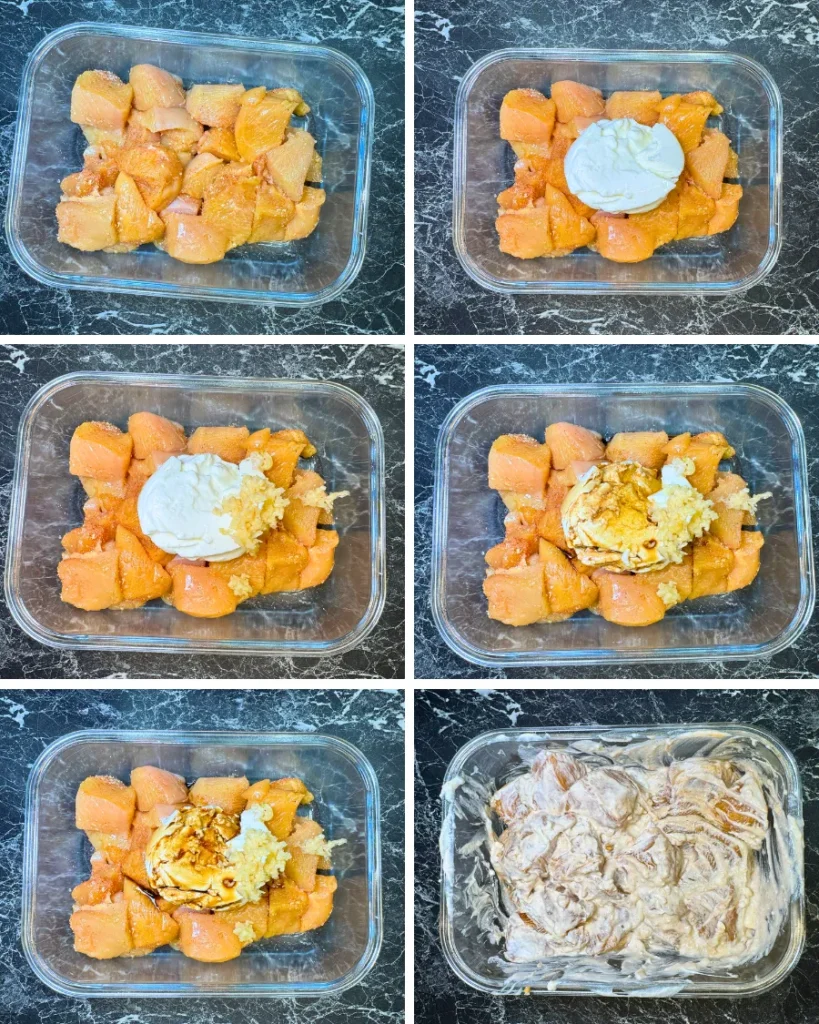 Step-by-step process of preparing creamy garlic marinade for smoky air fryer chicken skewers