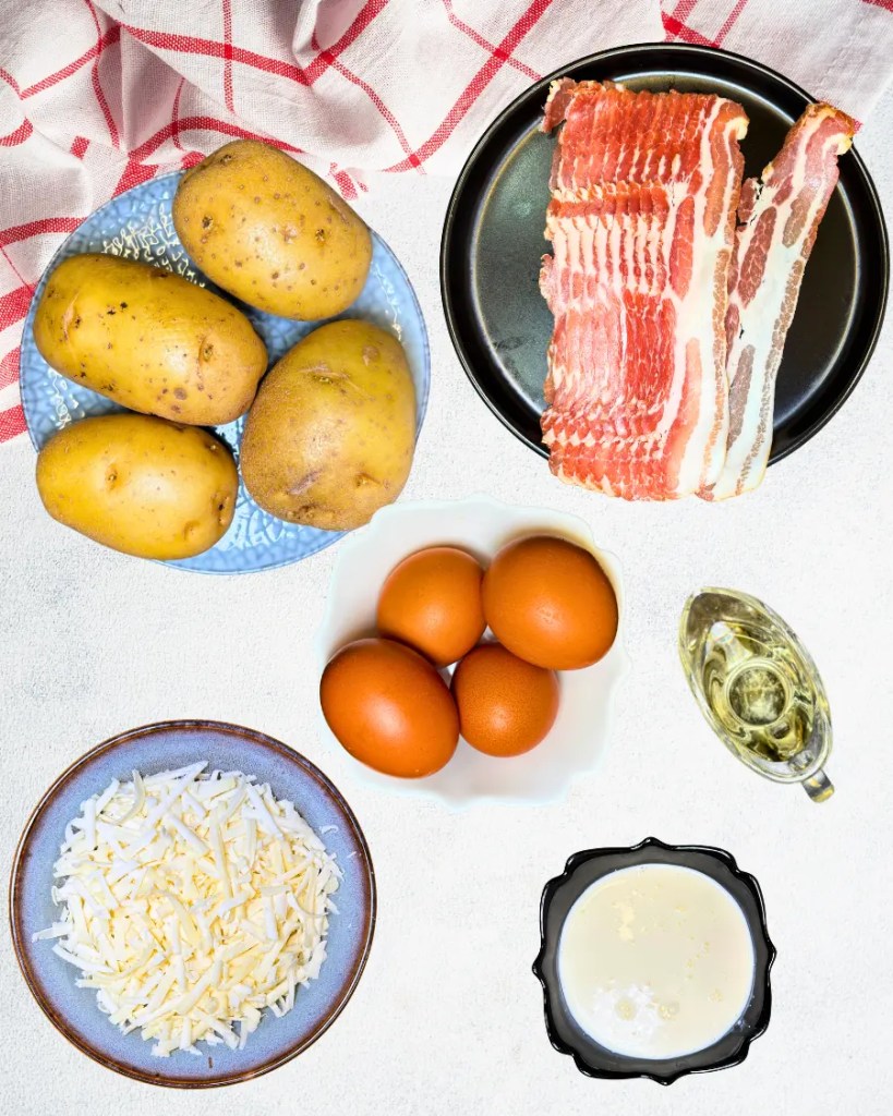 Ingredients for cheesy bacon potato boats including potatoes, eggs, bacon, mozzarella cheese, cream, and oil.
