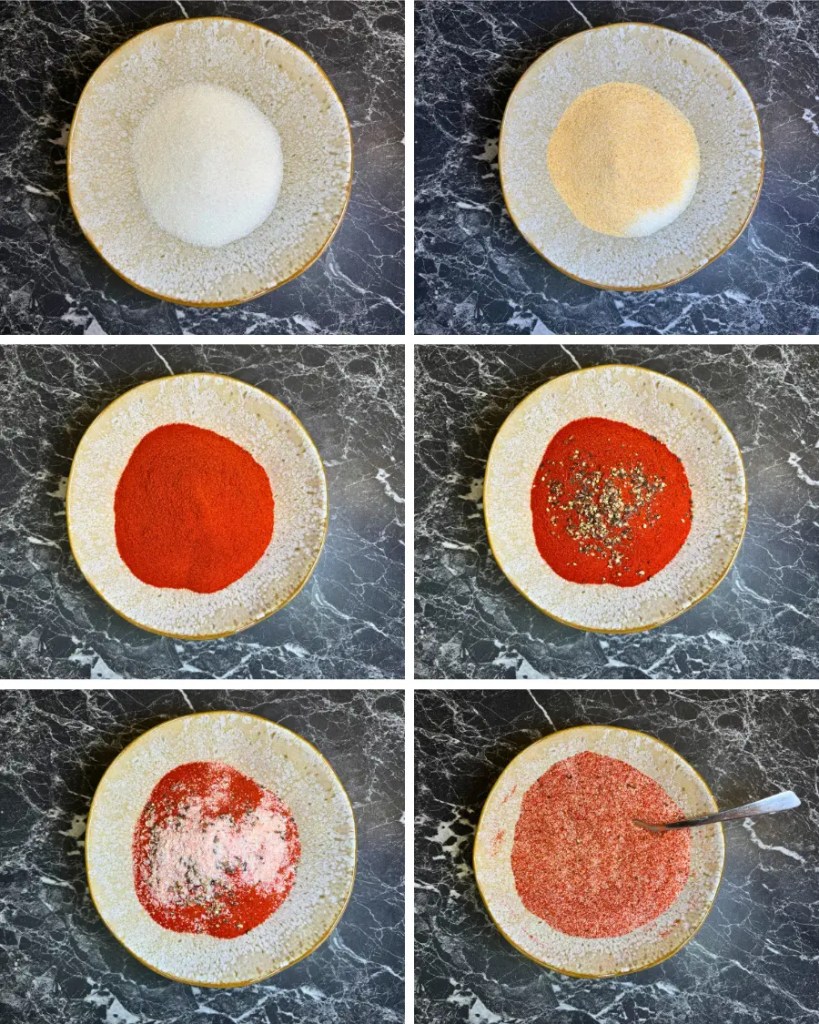 Step-by-step collage showing sugar, garlic powder, paprika, black pepper, and salt being combined to create a dry rub for sticky pork ribs.