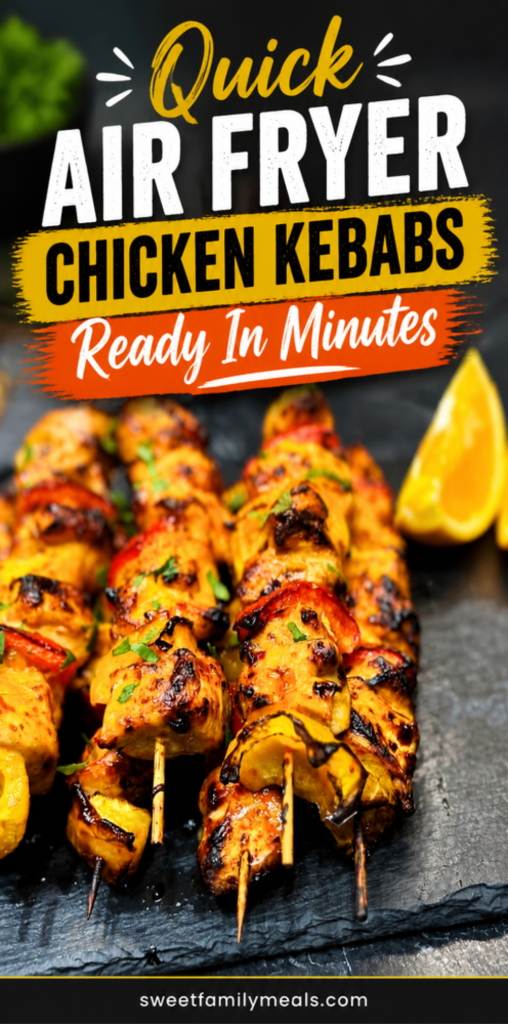 Pinterest recipe pin showing grilled air fryer chicken kebabs with vegetables on skewers, styled with bold black, yellow, and orange typography for a quick dinner recipe.
