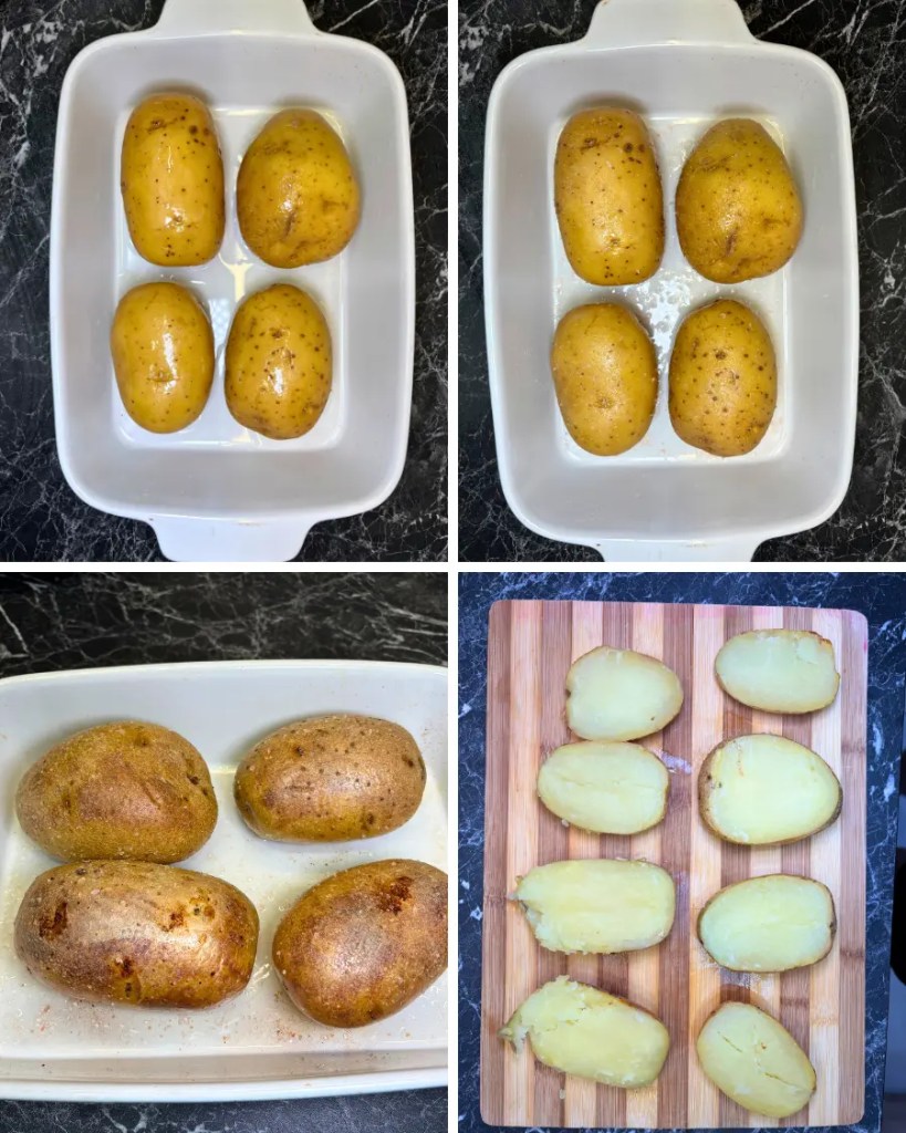 Collage showing potatoes being baked, sliced in half, and prepared for cheesy potato boats.
