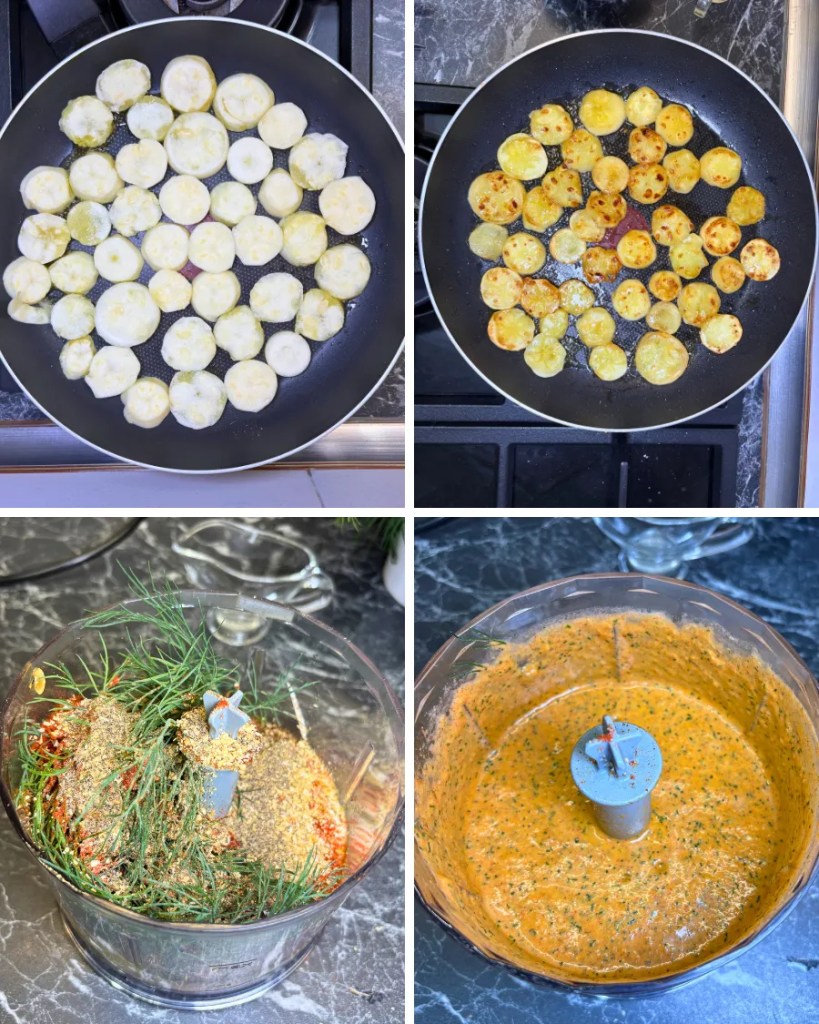Step-by-step process of slicing zucchini, removing the centers and coating zucchini rings with breadcrumbs and seasonings