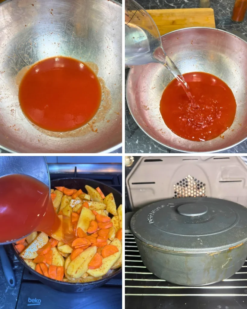 Four-step collage showing tomato juice mixed with water, poured over the vegetables, and the covered pot placed in the oven.