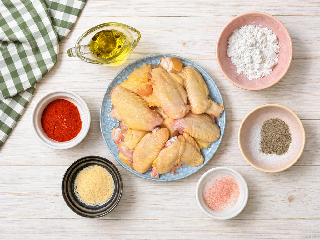 Raw chicken wings with olive oil, cornstarch, paprika, garlic powder, salt, and black pepper for sweet chili air fryer wings.