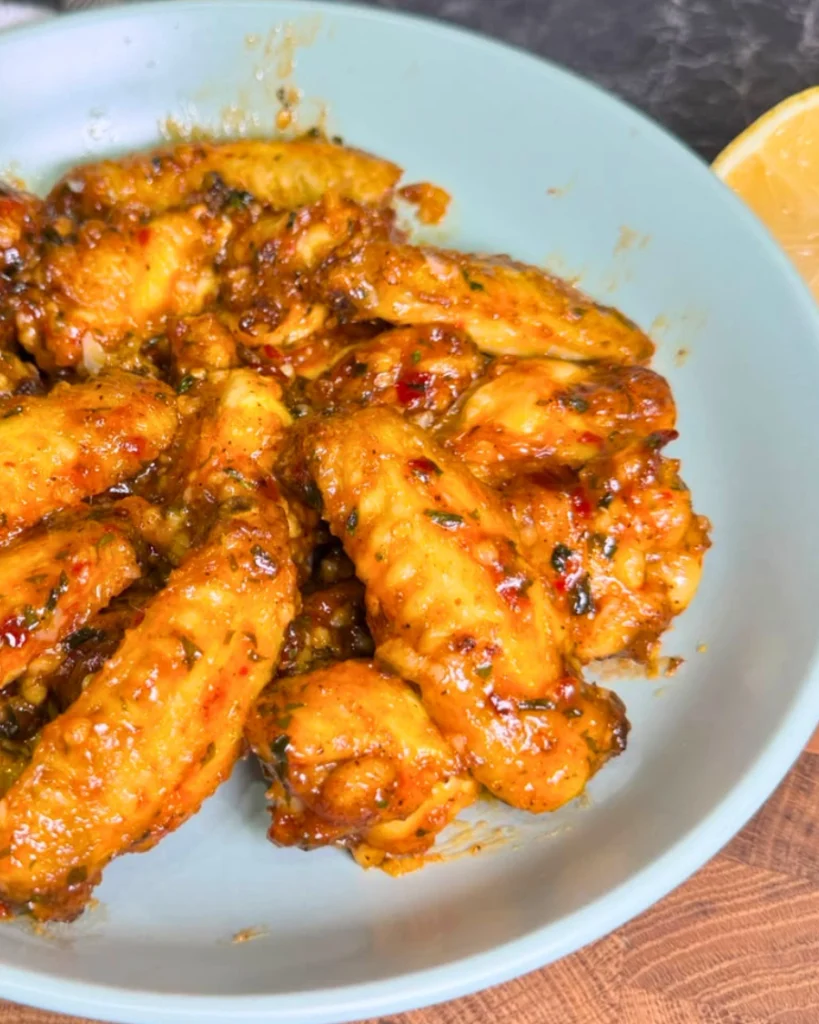 Crispy air fryer sweet chili chicken wings served on a plate with a sticky garlic glaze.