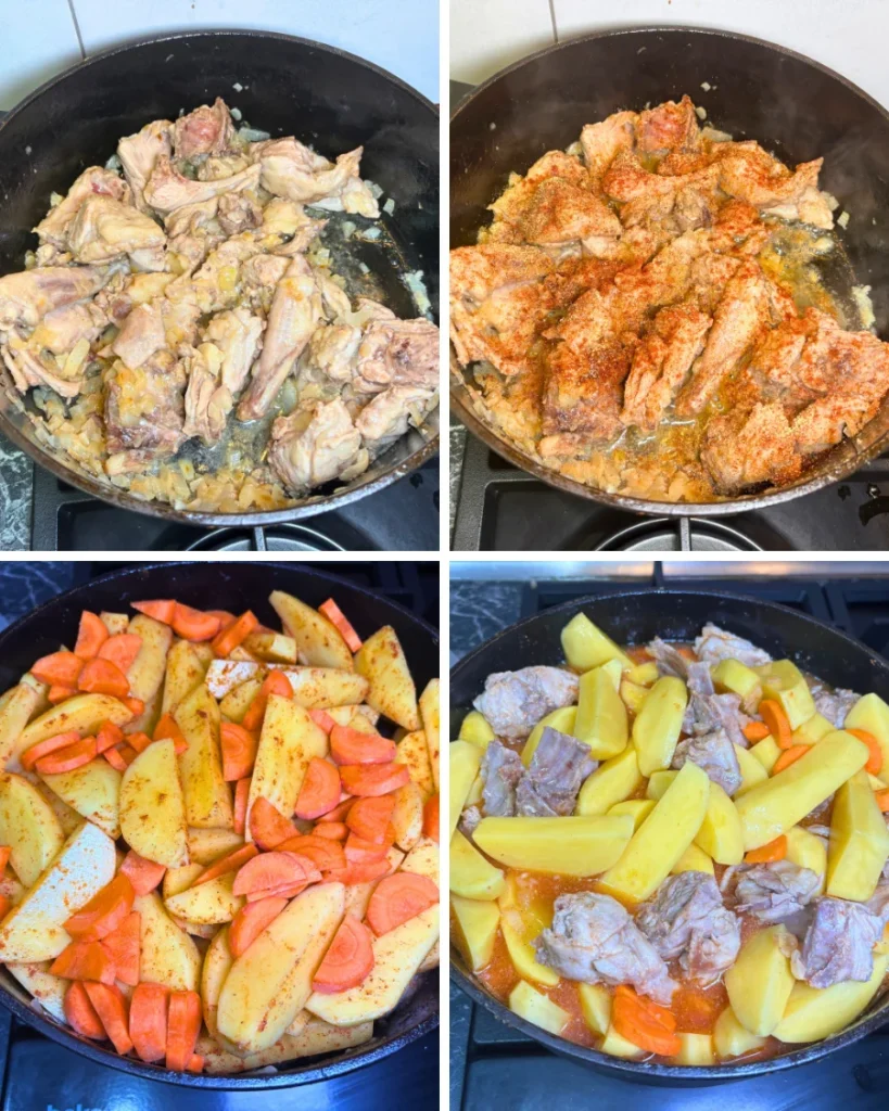 Four-step collage showing rabbit browning with onions, followed by seasoned potatoes and carrots added to the pot.