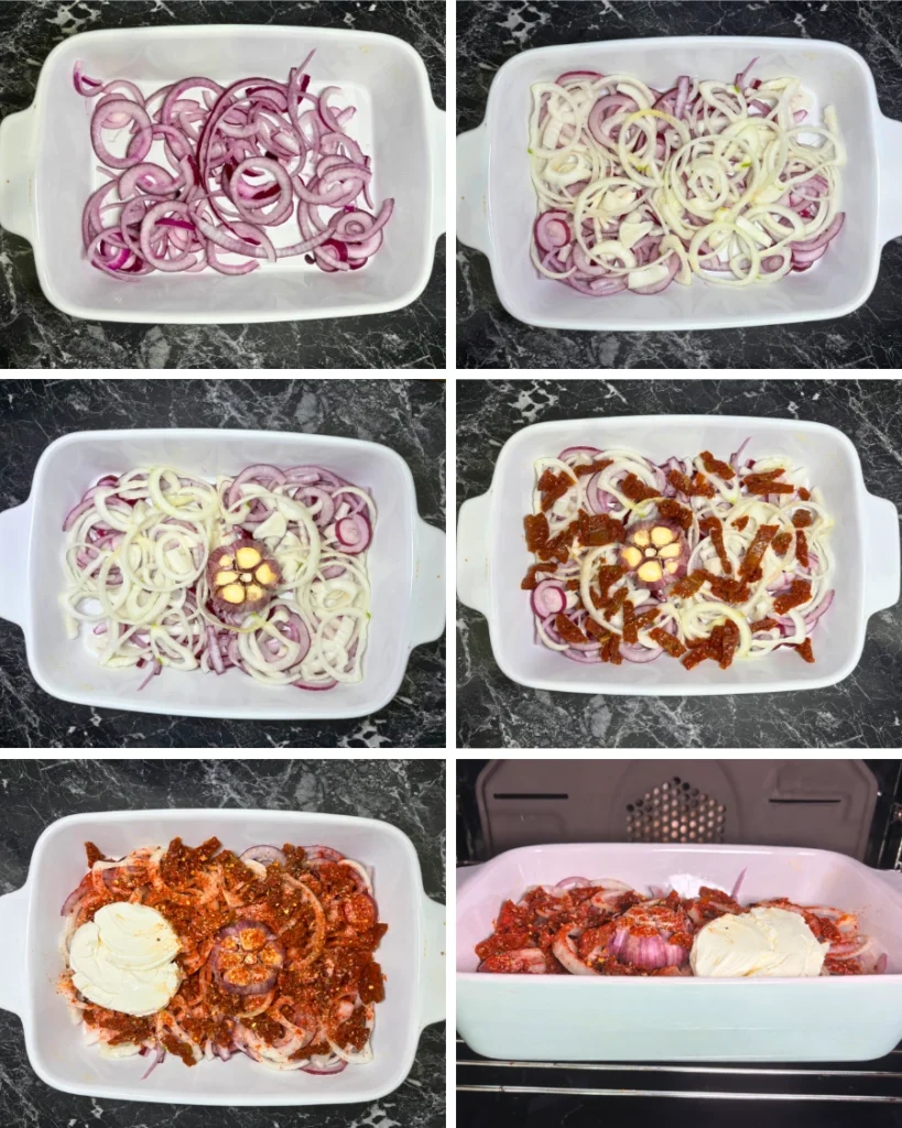 Step-by-step collage showing onions, garlic, sun-dried tomatoes, seasonings, and cream cheese prepared for roasting