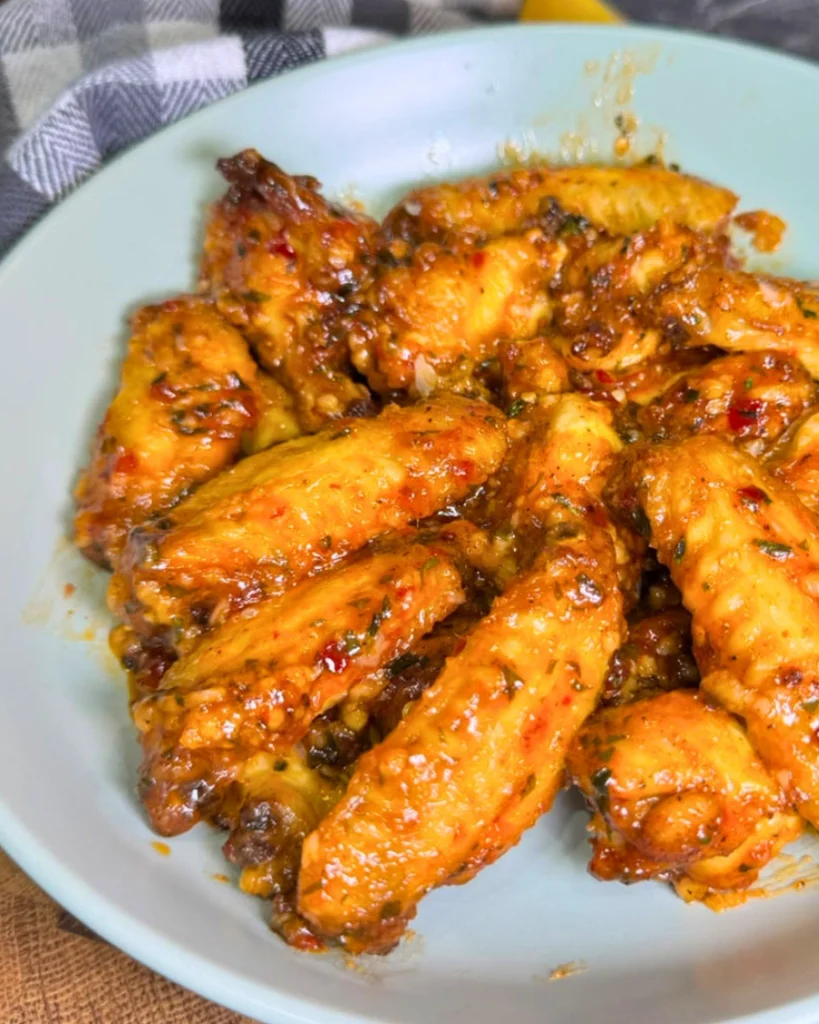 Sticky air fryer sweet chili chicken wings served on a plate with a fresh lemon wedge.