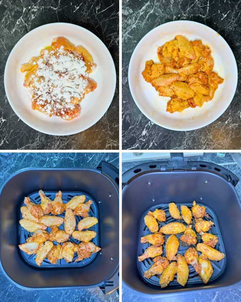 Step-by-step collage showing chicken wings seasoned with cornstarch and spices, then cooked until crispy in the air fryer.