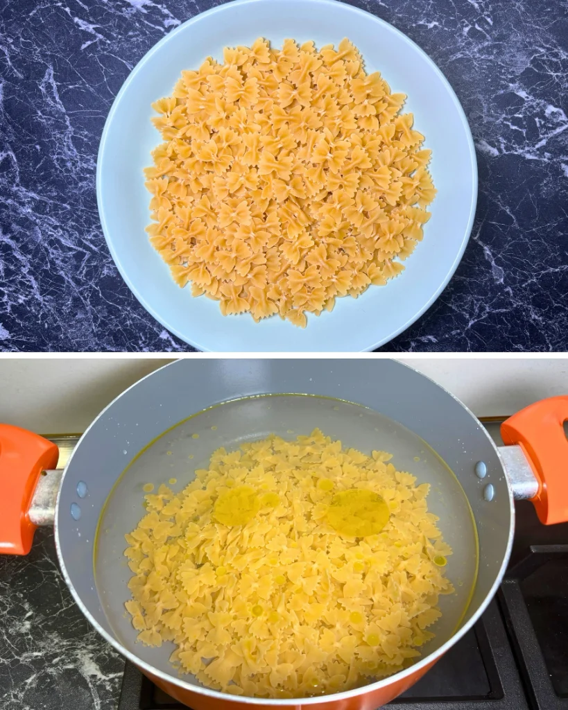 Collage showing uncooked farfalle pasta in a bowl and farfalle cooking in a pot of boiling water.