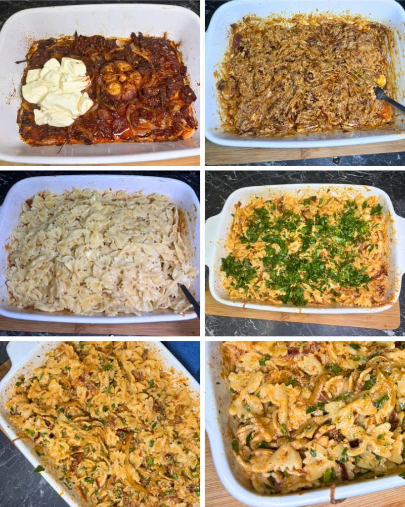 Step-by-step collage showing roasted onions mixed with cream cheese, cooked farfalle, parsley, and the finished creamy pasta