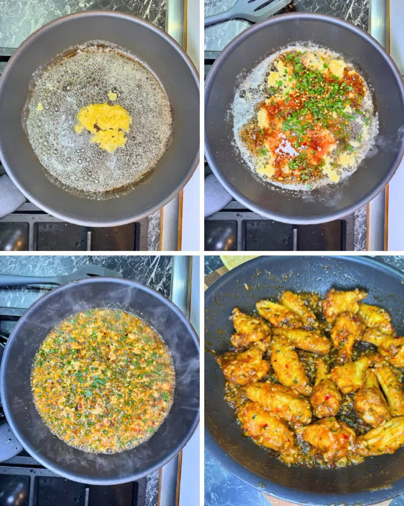 Step-by-step collage showing garlic, butter, sweet chili sauce, chili flakes, and cilantro cooked before adding the air-fried wings.