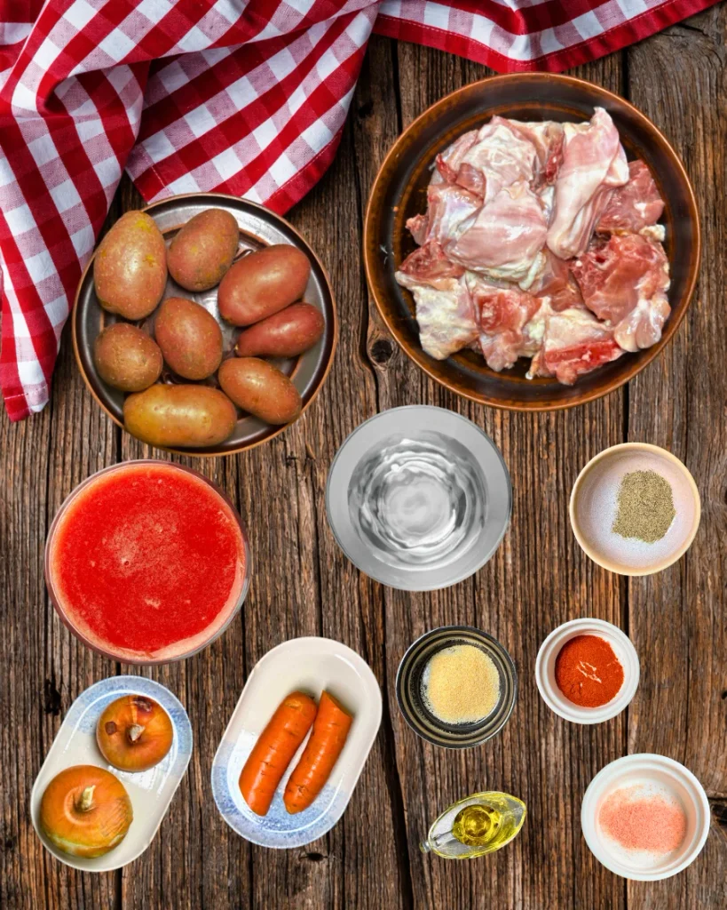 Raw rabbit, potatoes, onions, carrots, oil, and seasonings arranged on a wooden table.