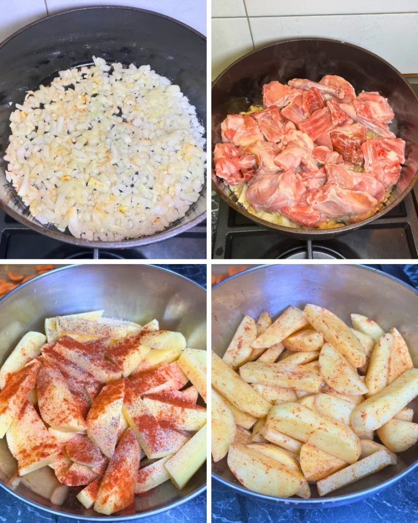 Four-step collage showing onions cooking, raw rabbit added to the pot, and potato wedges tossed with seasoning.