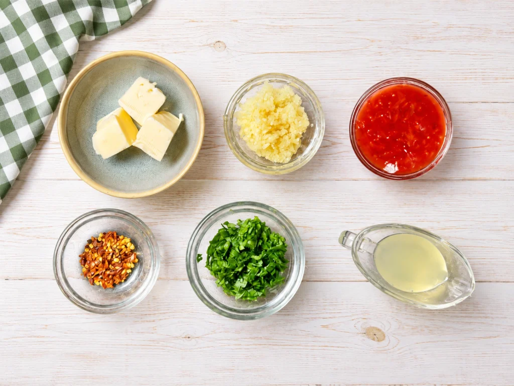 Butter, minced garlic, sweet chili sauce, chili flakes, chopped cilantro, and lime juice for sweet chili chicken wing sauce.