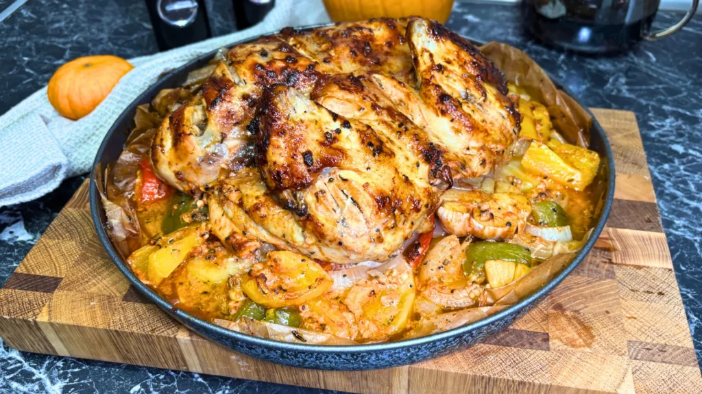Golden-brown oven-baked marinated whole chicken served with roasted potatoes, green and yellow bell peppers, onions, and garlic in a round baking tray.