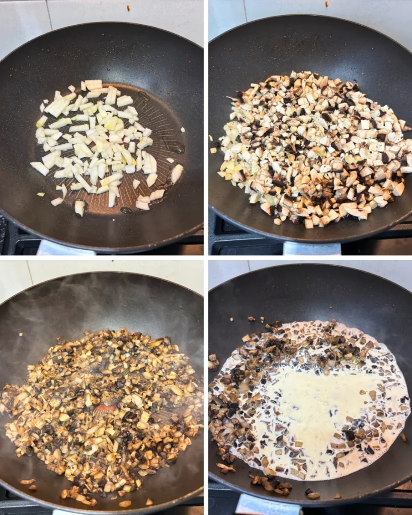 Step-by-step collage showing chopped onions and mushrooms cooking in a skillet before heavy cream is added to make a creamy mushroom sauce.