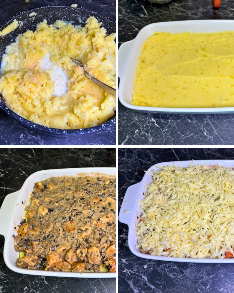 Step-by-step collage showing mashed potatoes spread in a baking dish, topped with creamy chicken and mushrooms, then covered with shredded mozzarella.