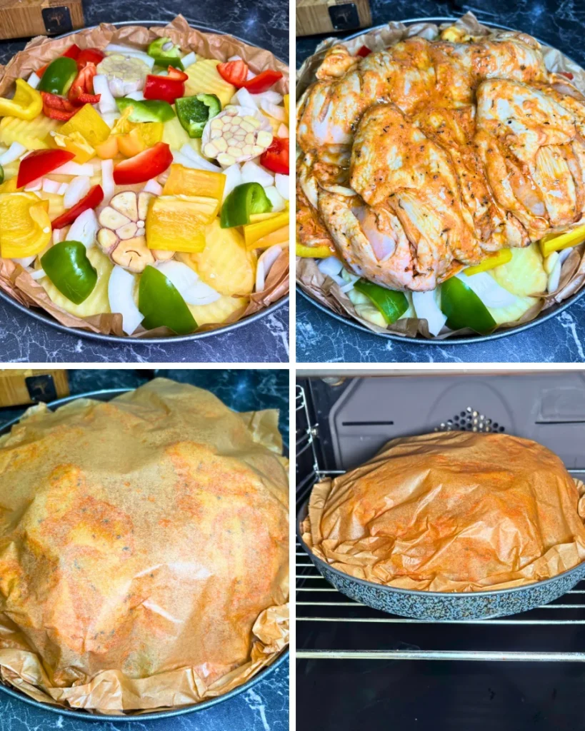 Four-step collage showing potatoes, bell peppers, and garlic in a baking tray, topped with marinated whole chicken, covered with parchment paper, and placed in the oven.