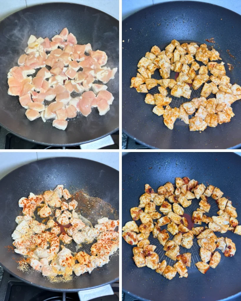 Four-step collage showing chicken breast cubes cooking in a skillet, seasoned with paprika, garlic powder, onion powder, salt, and pepper until golden.